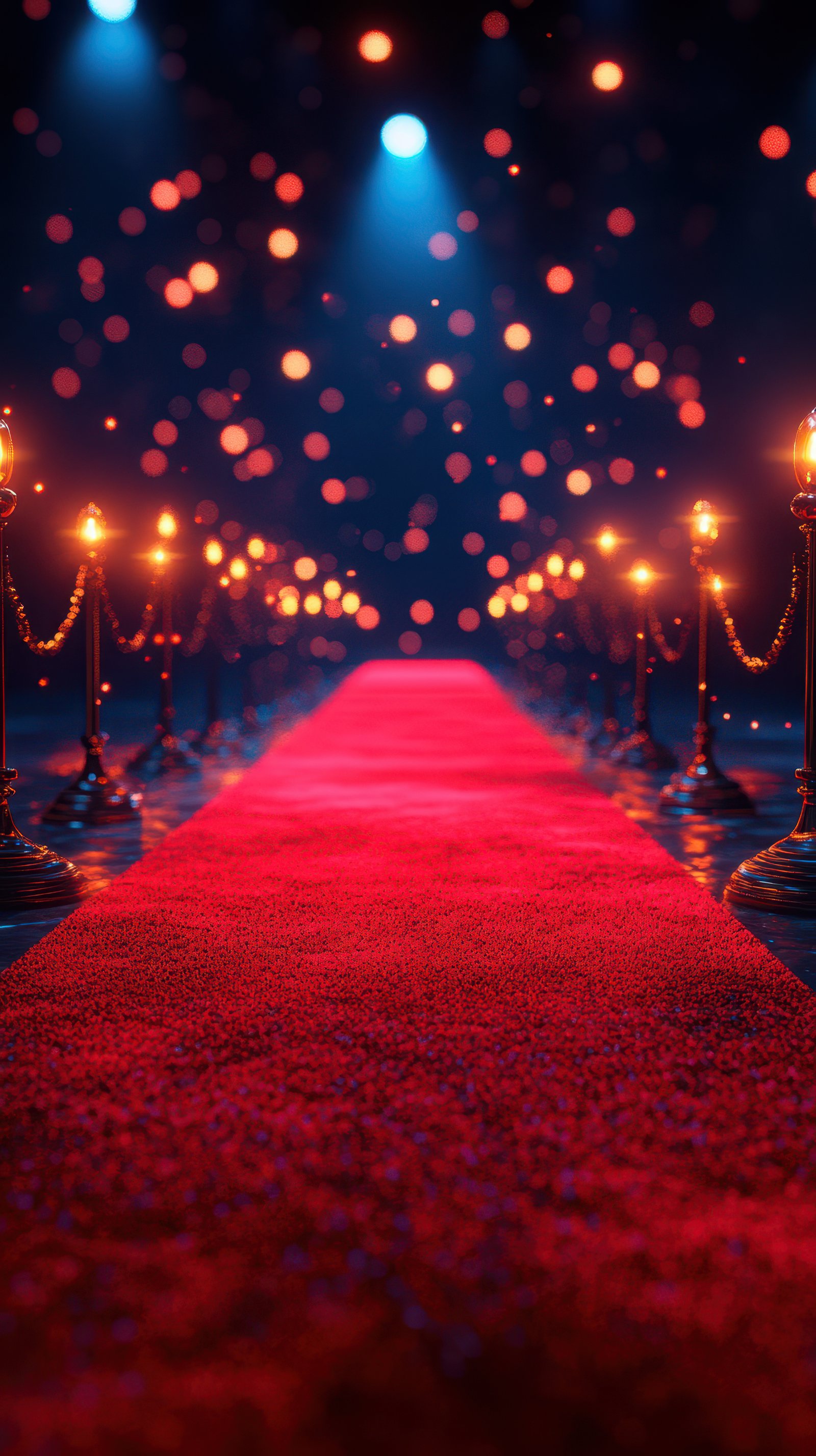 Bright red carpet pathway illuminated by warm lights, perfect for a glamorous event or award ceremony setting